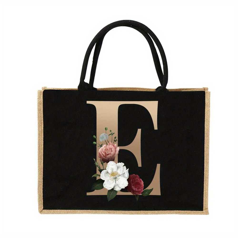 TEMU Bolso De Mano Con Estampado De Letras Florales, Bolso De Compras De Lino De Moda, Bolsa De Regalo De Arpillera De Yute Para Cumpleaños Y Navidad