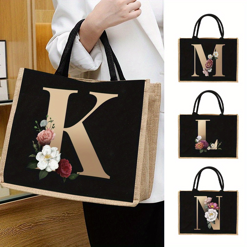 

Floral Letter Print Tote Bag, Fashion Linen Shopping Bag, Jute Burlap Gift Bag For Birthday Christmas