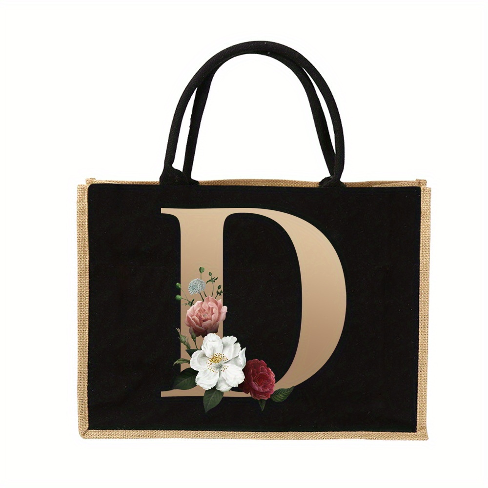 TEMU Floral Letter Print Tote Bag, Fashion Linen Shopping Bag, Jute Burlap Gift Bag For Birthday Christmas