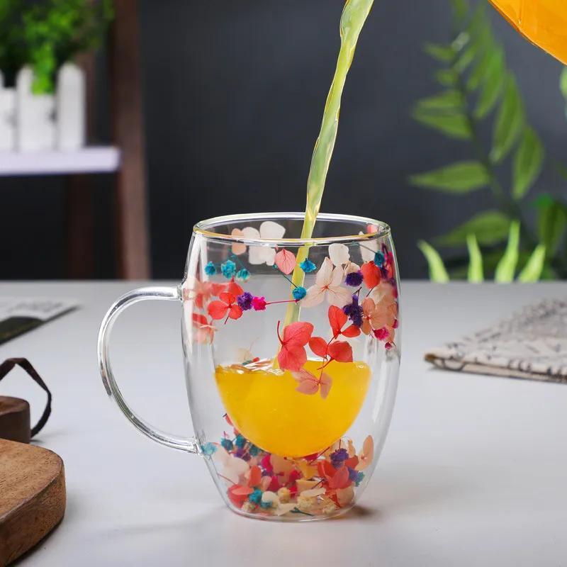 Dried Flower Double Wall Clear Glass Coffee Mugs Double Insulated Glass Cup  For Hot Cold Beverages Cappuccino Latte Espresso Cup