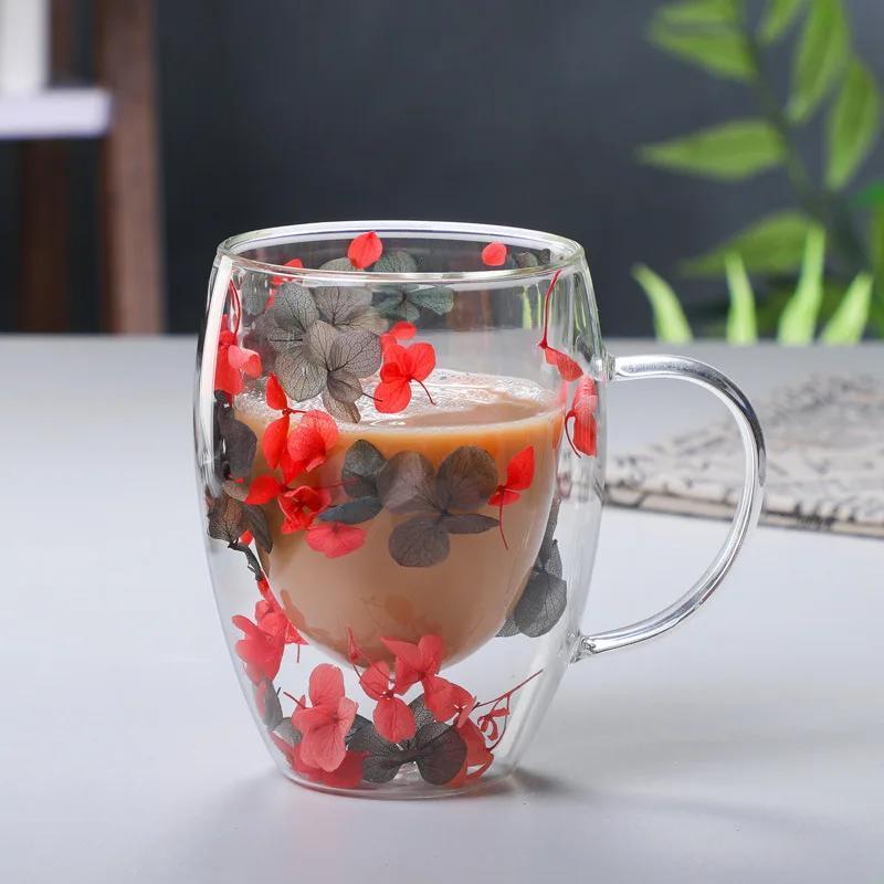 Tasse à café à double paroi Fleur séchée Tasse en verre à double paroi  Tasses à café en verre avec poignée Tasses à café créatives anti-brûlure en