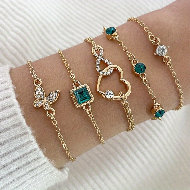 

5pcs Love Heart Infinity Symbol Butterfly Thin Chain Bracelet Inlaid Shiny Green Rhinestone Stackable Zinc Alloy Hand Chain Set