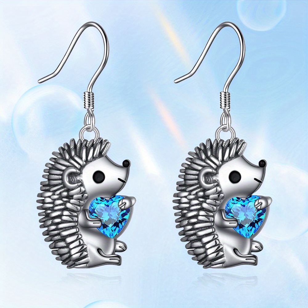 Fashion Cute Hedgehog Embracing Blue Heart Dangle Earrings Temu