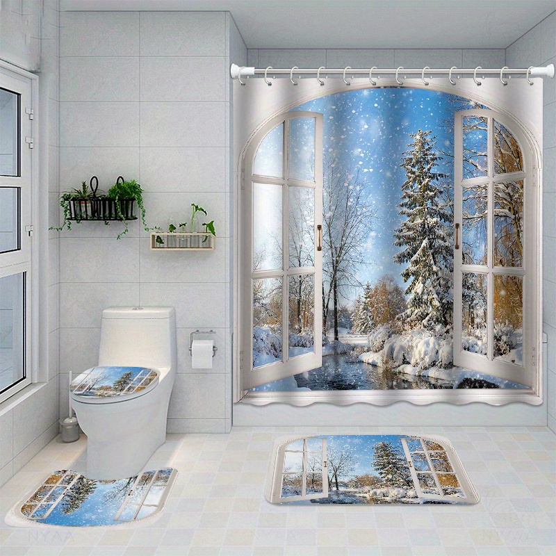 

1/4pcs Winter Snow Scene Shower Curtain Set, Shower Curtain With 12 Hooks, Non-slip Bath Mat, U-shaped Toilet Mat, Toilet Mat, Bathroom Decor Accessories