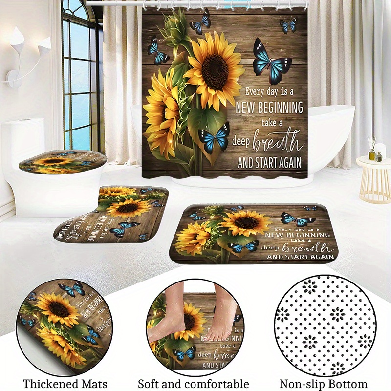 Sonnenblumen-Duschvorhang-Set Mit Badematte & WC-Deckel – Gelb, Wasserdicht, Inkl. 12 Haken, 180x180 Cm