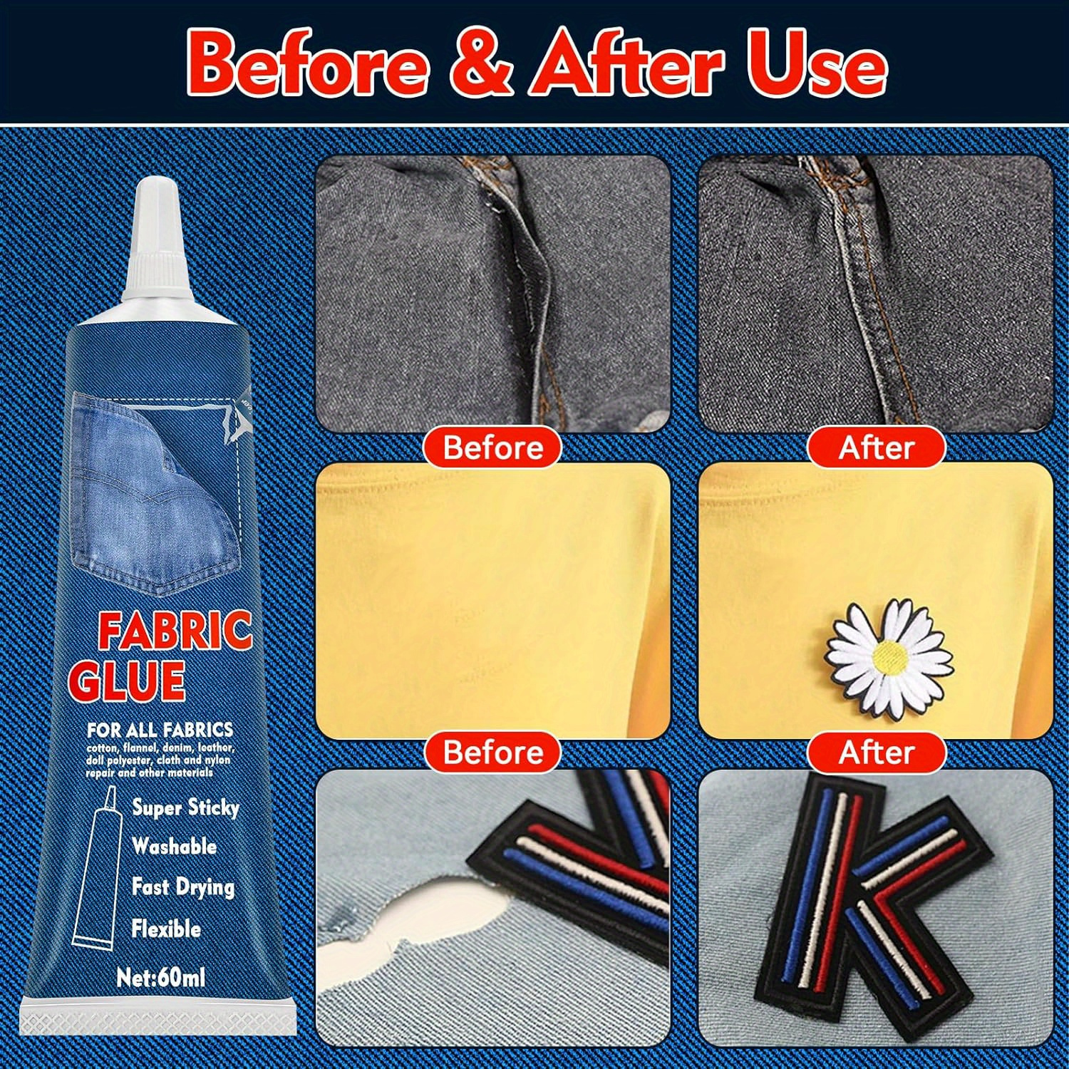 Fabric Glue, Permanent Clear Washable Clothing Glue for All Fabrics, Cotton, Fla
