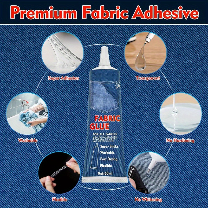 Fabric Glue Permanent, Clear Washable Fabric Adhesive for All Fabrics,  Cotton, Flannel, Denim, Leather, Polyester and Doll Repair, 24 Hours Dry  and