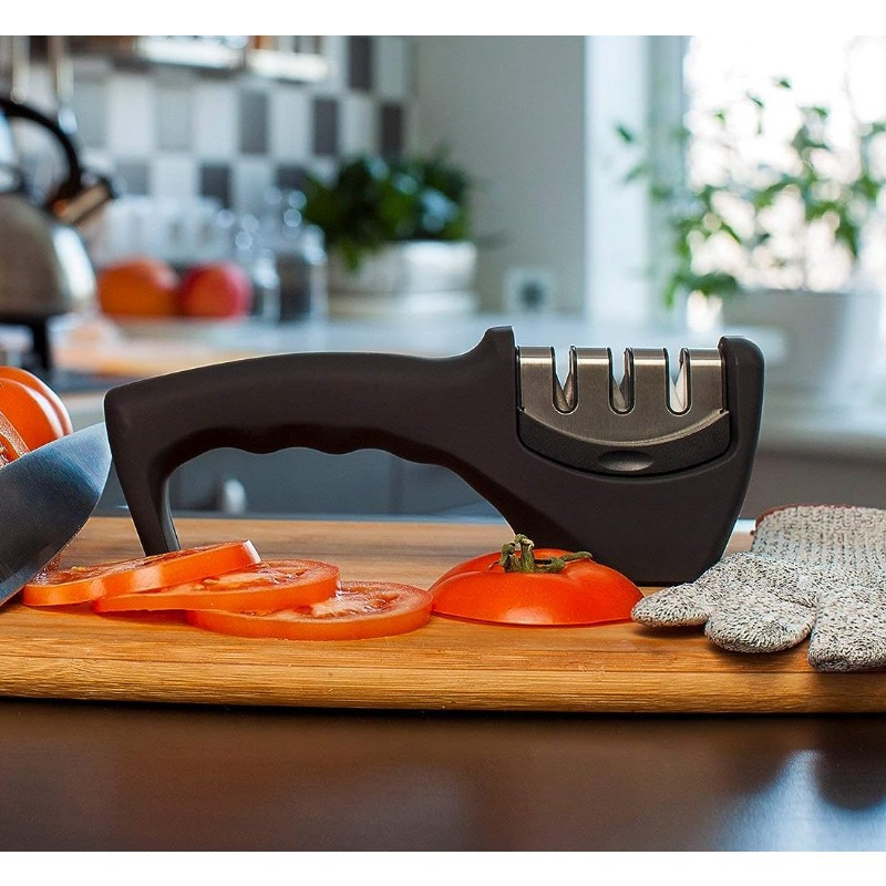 4-in-1 Kitchen Knife Accessories: 3-Stage Knife Sharpener Helps Repair,  Restore, Polish Blades and Cut-Resistant Glove (Black)