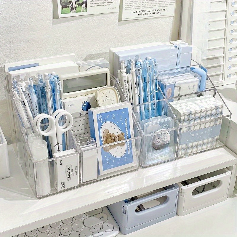 1pc Clear Pen Holder, Simple Multi-grid Desktop Stationery Storage Box For  Office, Student Stationery Storage