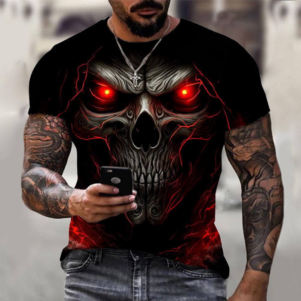 

3d Skull Print, Men's Graphic Design Crew Neck Active T-shirt, Casual Comfy Tees Tshirts For Summer, Men's Clothing Tops For Daily Gym Workout Running