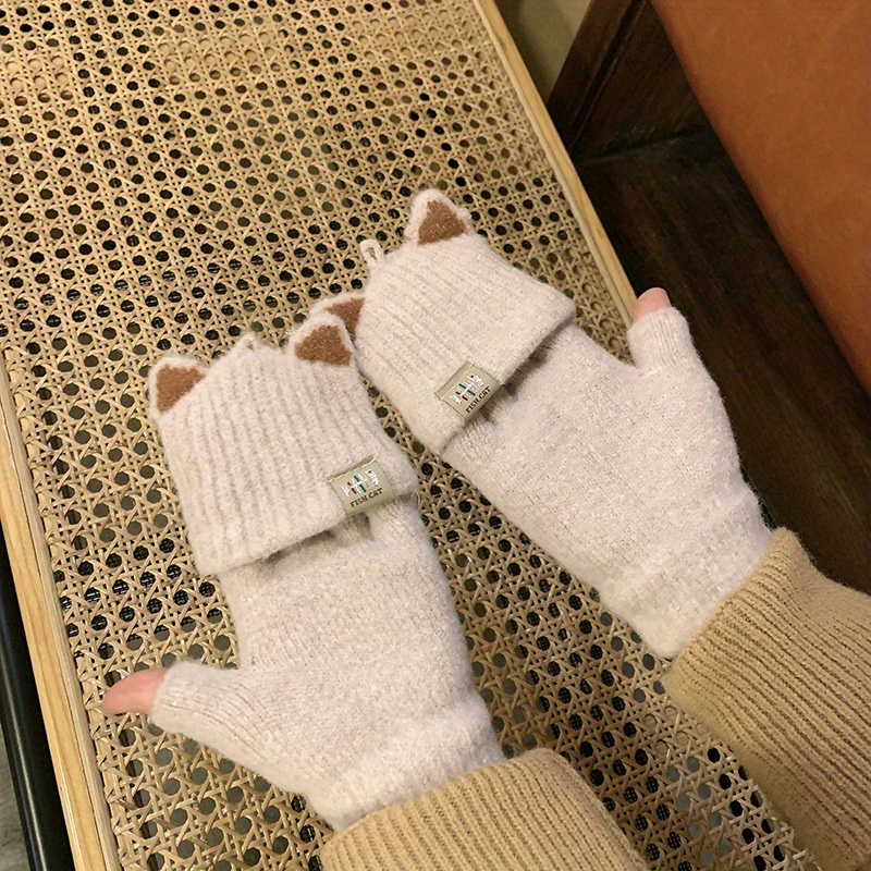 Cute Cat Eye Decor Winter Flip top Gloves Half Finger - Temu