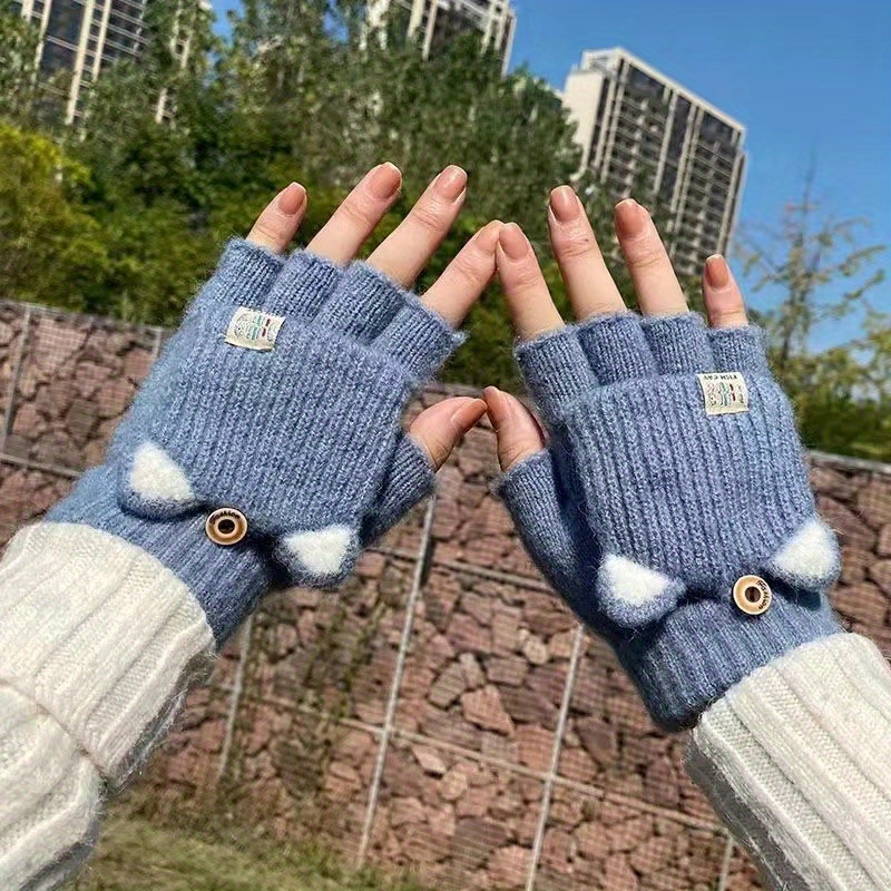 Cute Cat Eye Decor Winter Flip top Gloves Half Finger - Temu