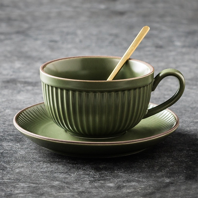 1set, Coffee Cup And Saucer, Latte Cup, Unique Olive Green And Lotus Coffee  Cup - A Creative Vintage Vertical-striped Latte Art Coffee Cup And Saucer.