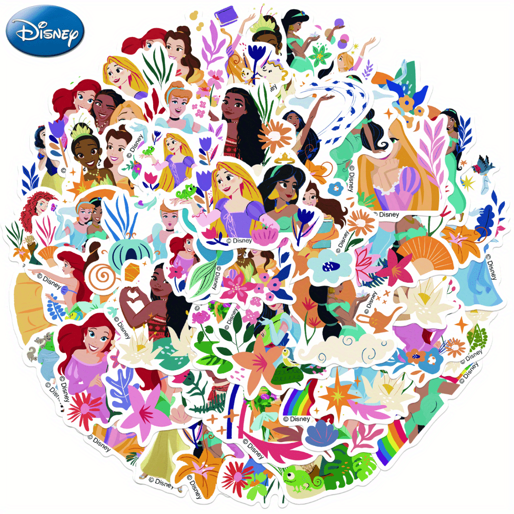 

50pcs Disney Officially Licensed Princess Co-branding White Bottom Sticker Water Bottle Decoration Laptop Guitar Luggage Cute Animals