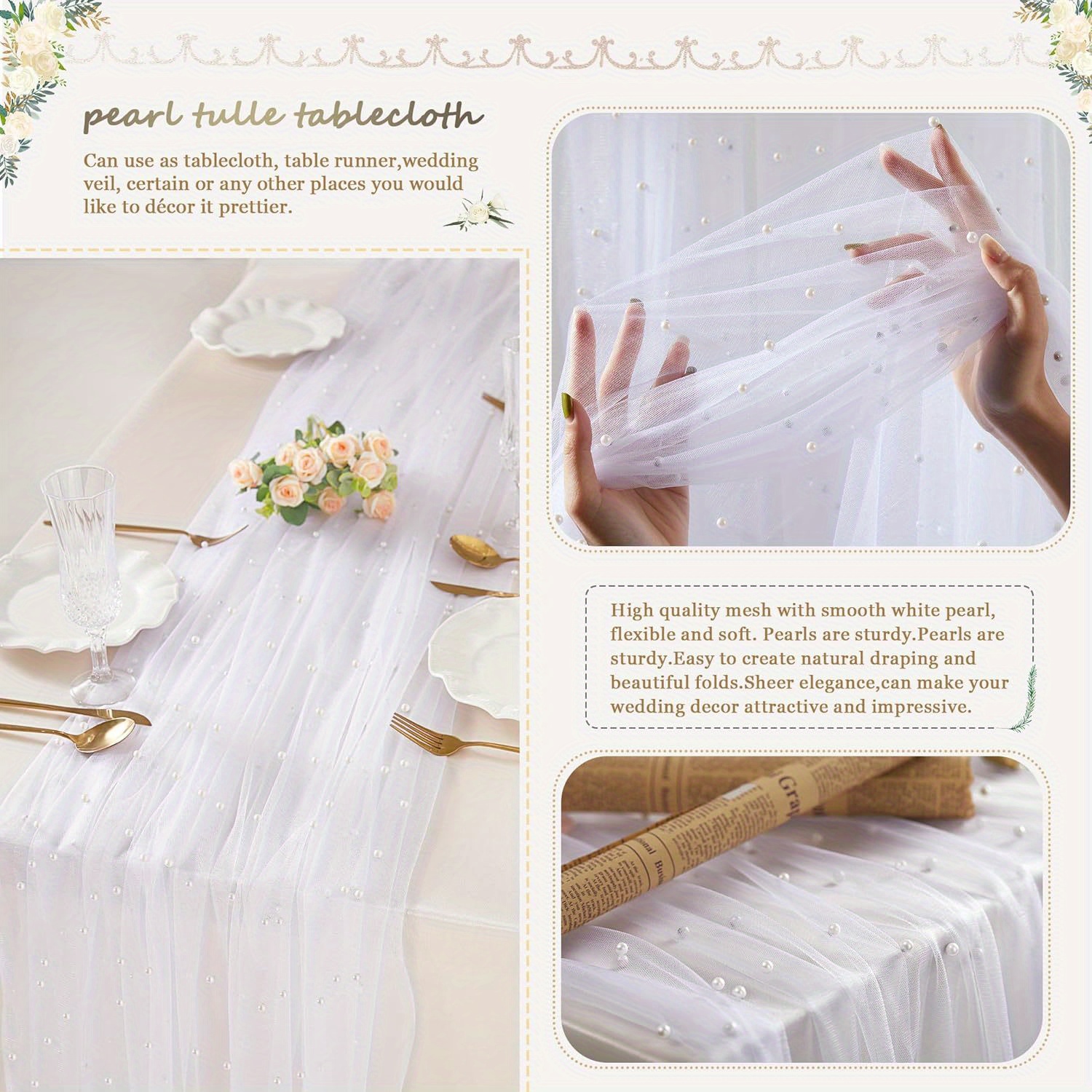 White Tulle Fabric Table Runner Wedding Table Cloths Reception Bridal Veil  Table Cover Tulle Pearl Curtains Home Tablecloth