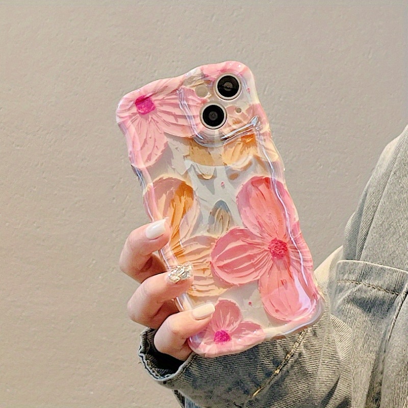 

Pink Oil Painting Flower Blue Light Phone Case For Iphone 11/12/13/14/15 Pro Max Plus