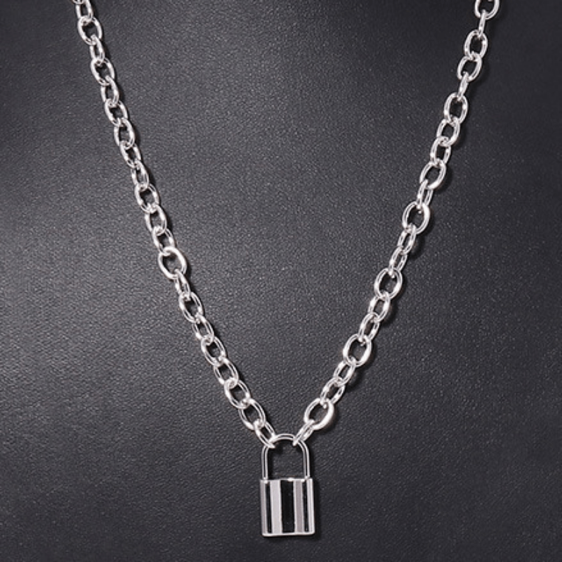 1pcs Alloy Choker Necklace Lock Pendant For Women Men Chunky Chain Punk Gothic  Necklaces Silver