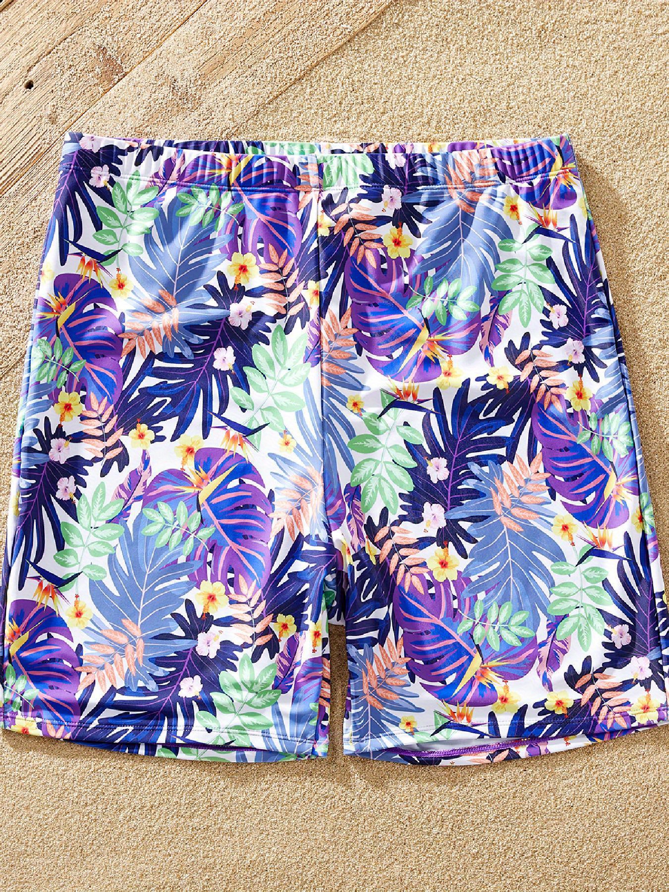 Family Matching All Over Colorful Plant Print Swim Trunks Shorts and Two-Piece Swimsuit
