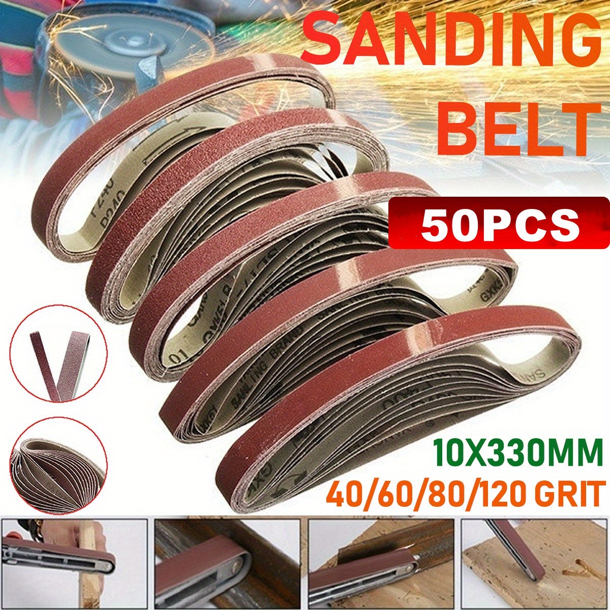 

50pcs 10x330mm (0.39x12.99inch) Sanding Belt For Belt Sander Polishing Machine 40/60/80/120 Grit