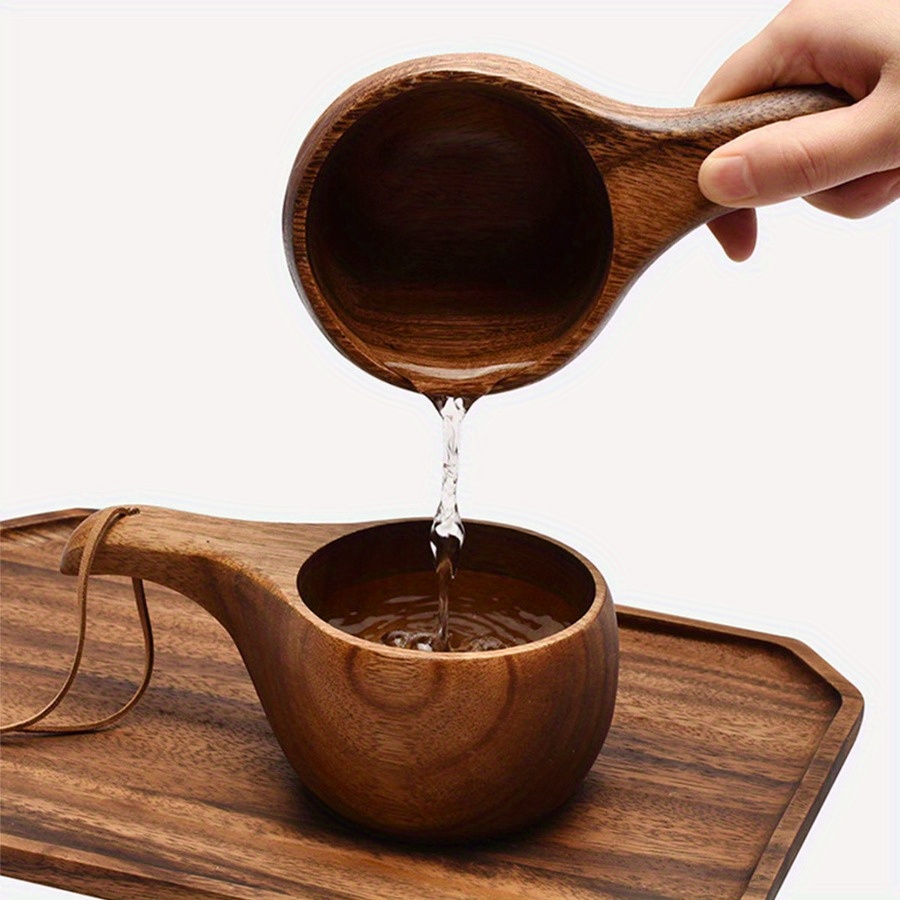 

1pc Finland Coffee Mug Handmade Wooden Milk Cup Acacia Wood Coffee Mugs With Carrying String Handle Camping Drinkware Cups Kitchen Tools