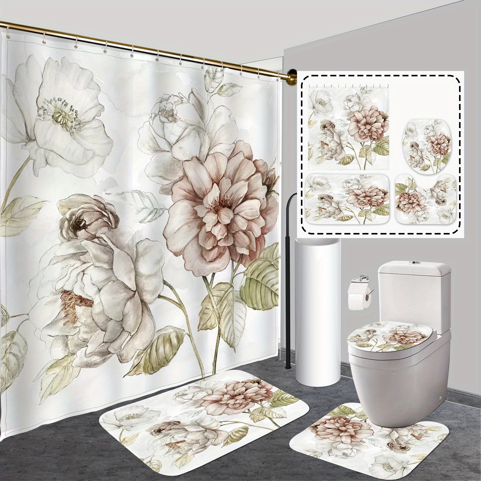 1 cortina de ducha impermeable con estampado de flores vintage y