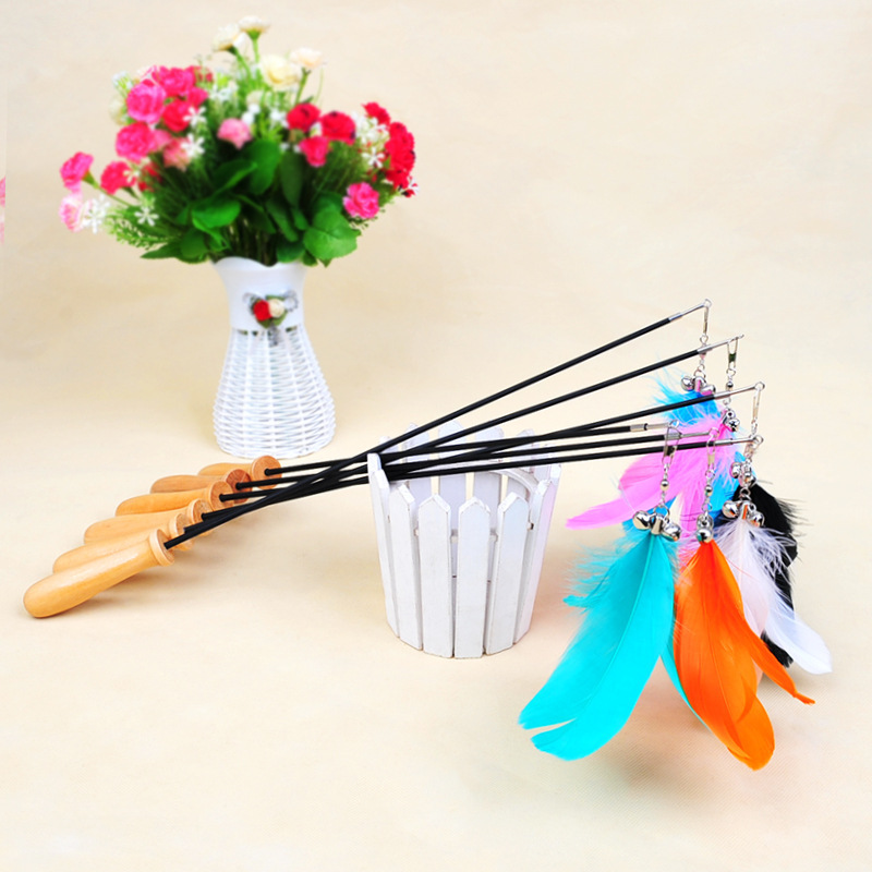 Funny Telescopic Feather Cat Teaser Stick Bell Wooden Handle