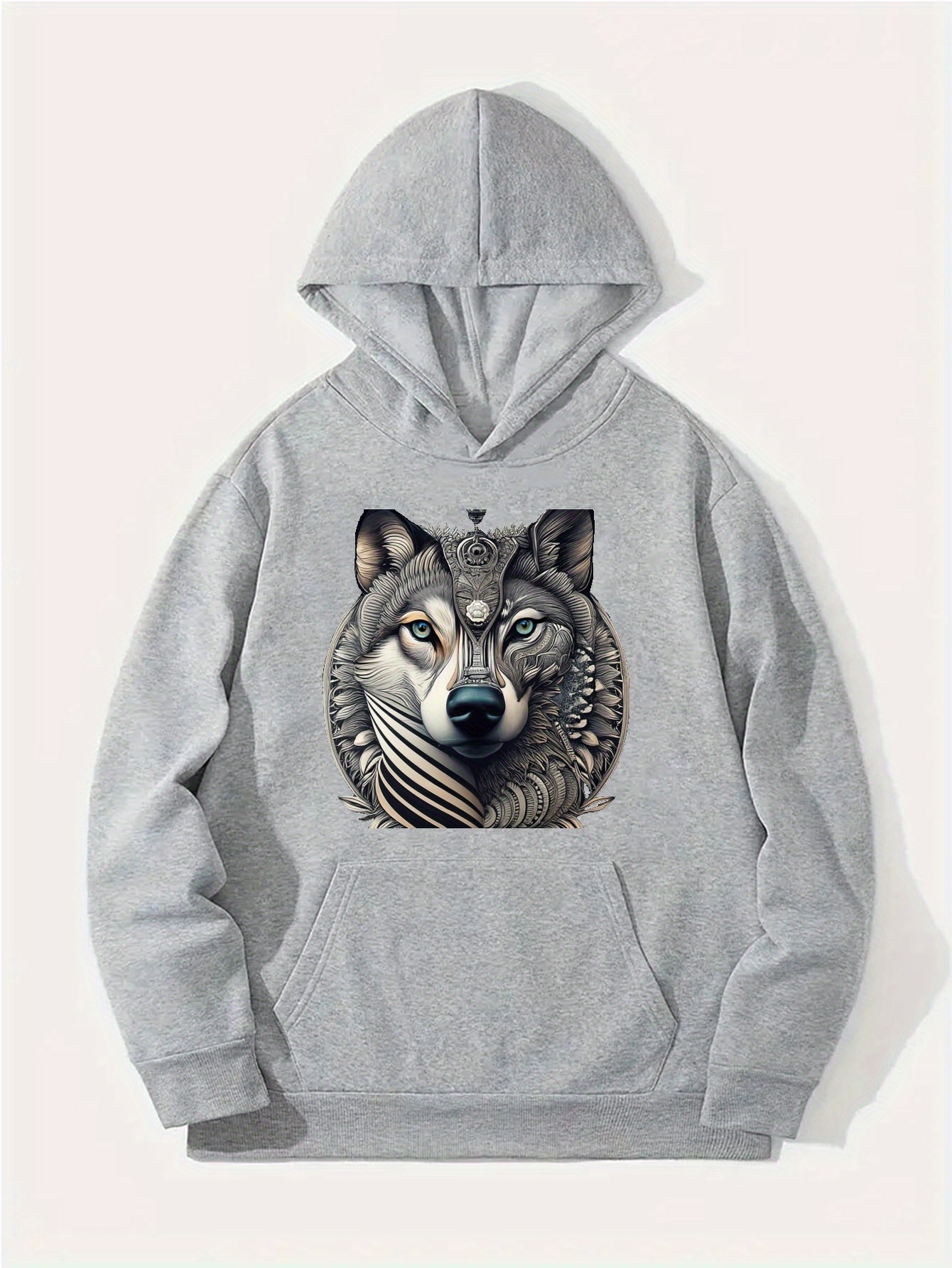 Wolf print kangaroo 2025 pocket casual hoodie