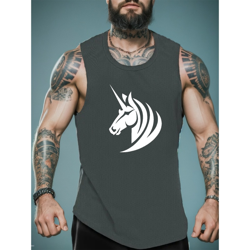 

Unicorn Print Sleeveless Tank Top, Men's Active Undershirts For Workout At The Gym