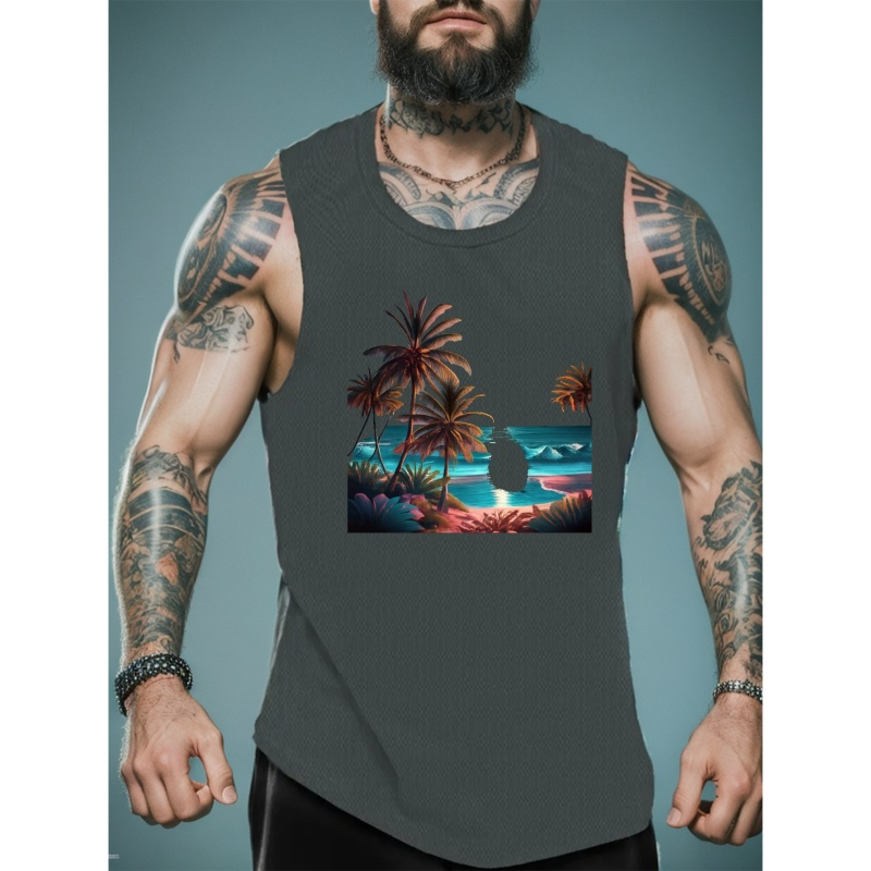 

Palm Trees Beach Print Sleeveless Tank Top, Men's Active Undershirts For Workout At The Gym