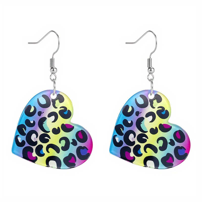 TEMU 2d Flat - A Pair Of Vibrant Leopard Print Heart-shaped Acrylic Earrings Designed For Women, Perfect For Retro And As A Gift For Surprise Parties