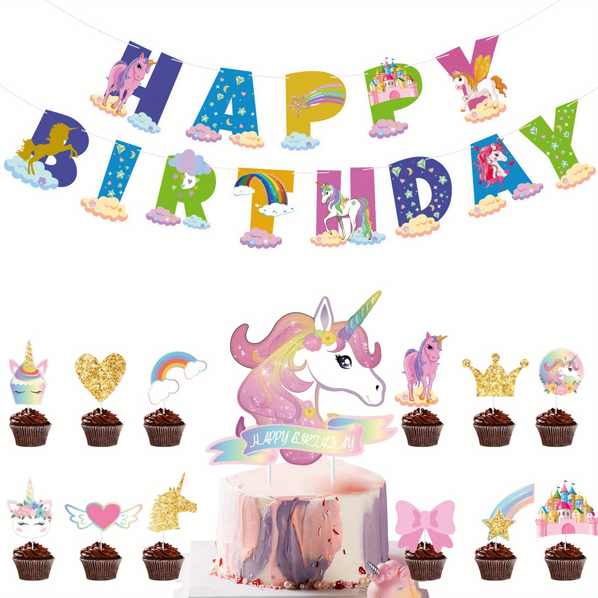 96 piezas de vajilla de fiesta de unicornio con temática de unicornio de  dibujos animados, decoración de mesa de fiesta de cumpleaños, pony, vajilla