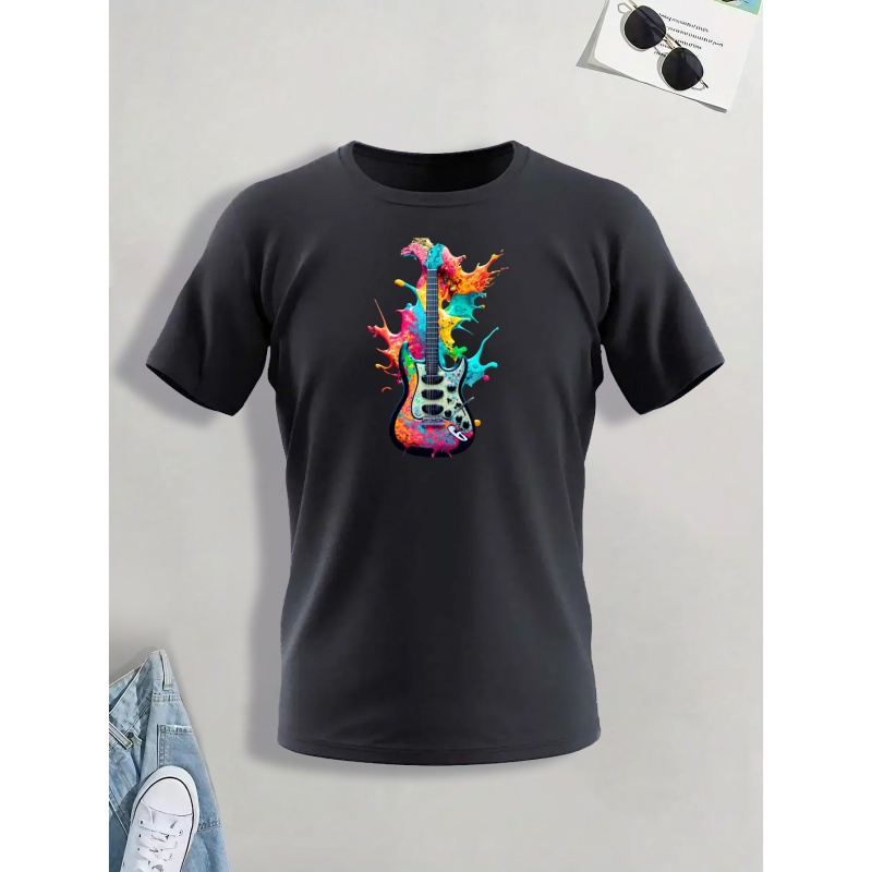 

Guitar In Colorful Paint Print T Shirt, Tees For Men, Casual Short Sleeve T-shirt For Summer