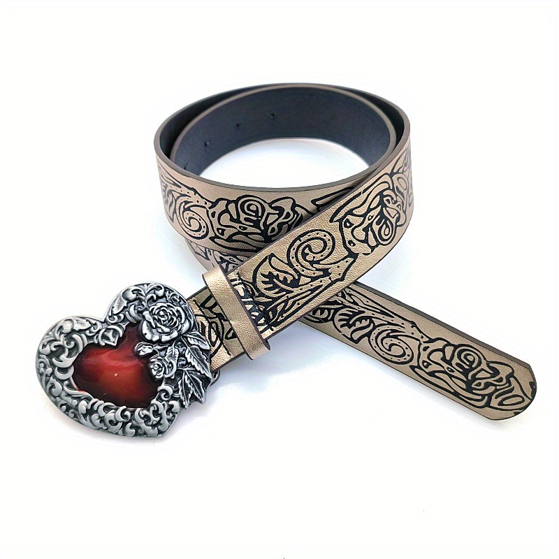 Vintage Rose Red Pu Belt Gothic Heart Buckle Flower Embossed - Temu