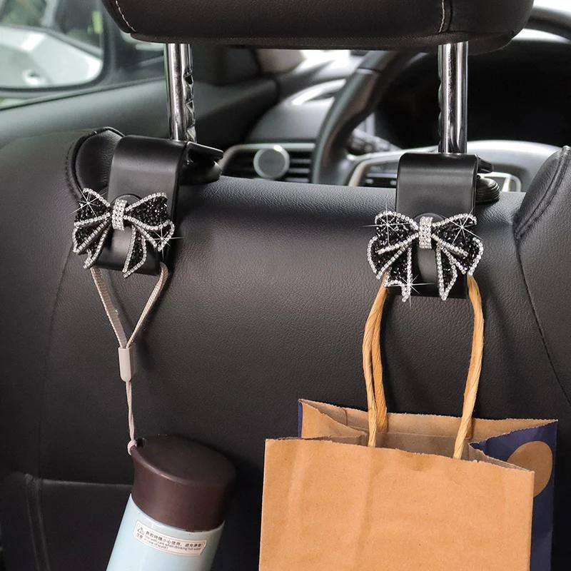 1pc/4pcs Bling Rhinestone Bow Design Cute Car Hooks, Car Seat Back  Organizer For Grocery Bags, Bag Holder, Car Interior Accessories