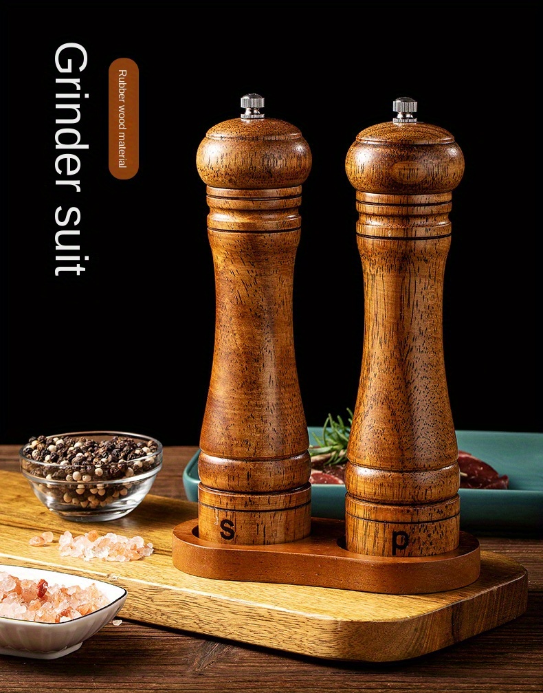 2 3pcs set wooden salt and pepper grinder set wood pepper mill wooden tray   manual   ground sea salt grain pepper mill bottle dinner table accessories kitchen tools chrismas gifts kitchen accessories details 0