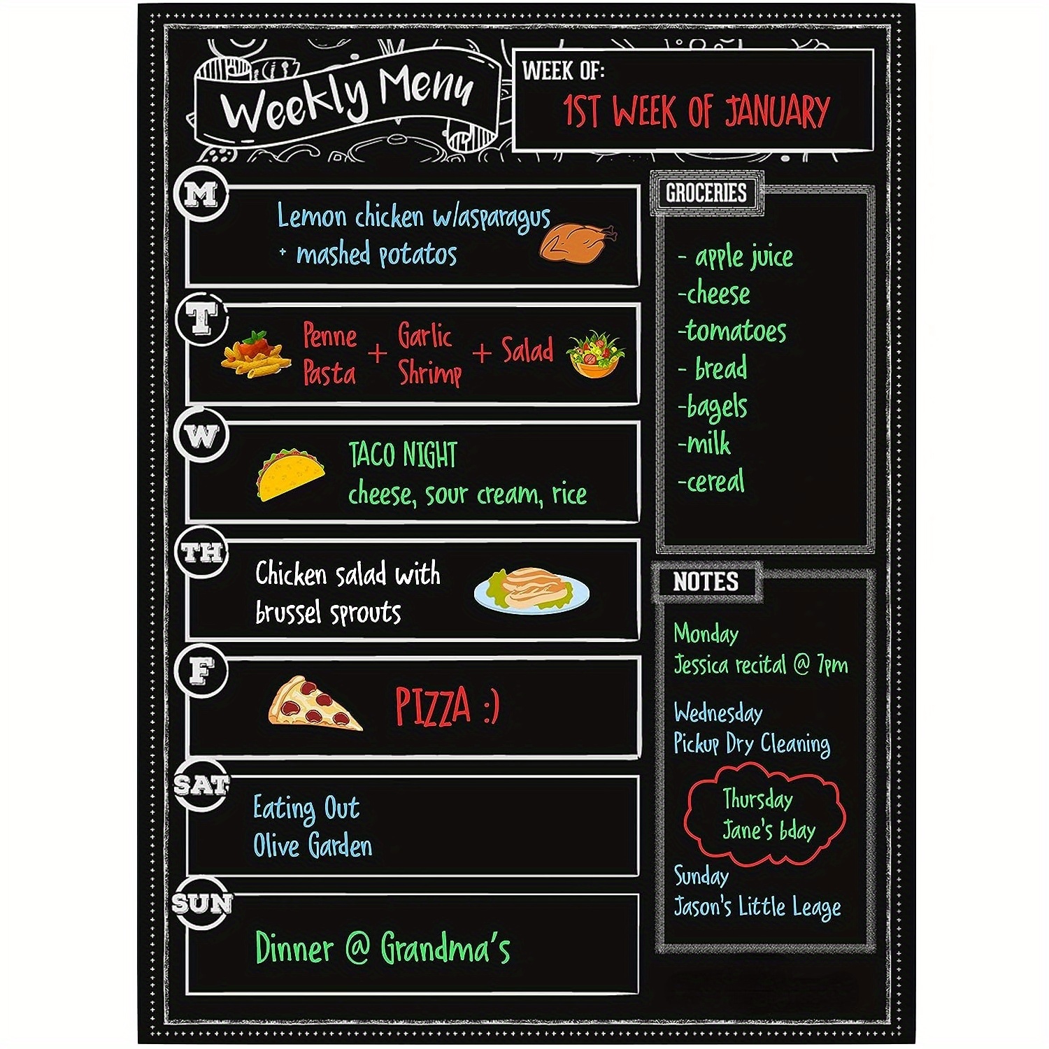  Chalkboard Style Weekly Food Menu Board for Kitchen, 12 inch by  18 inch Tin Sign Durable, Easy Hanging on Wall Dinner, Daily Chalk Menu  Board for Kitchen (Markers Not Included) 