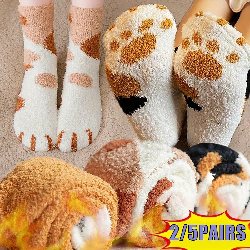 2/5pairs Cartoon Cat Paw Printed Fluffy Socks Thickened And Warm Home  Slippers Socks Floor Socks