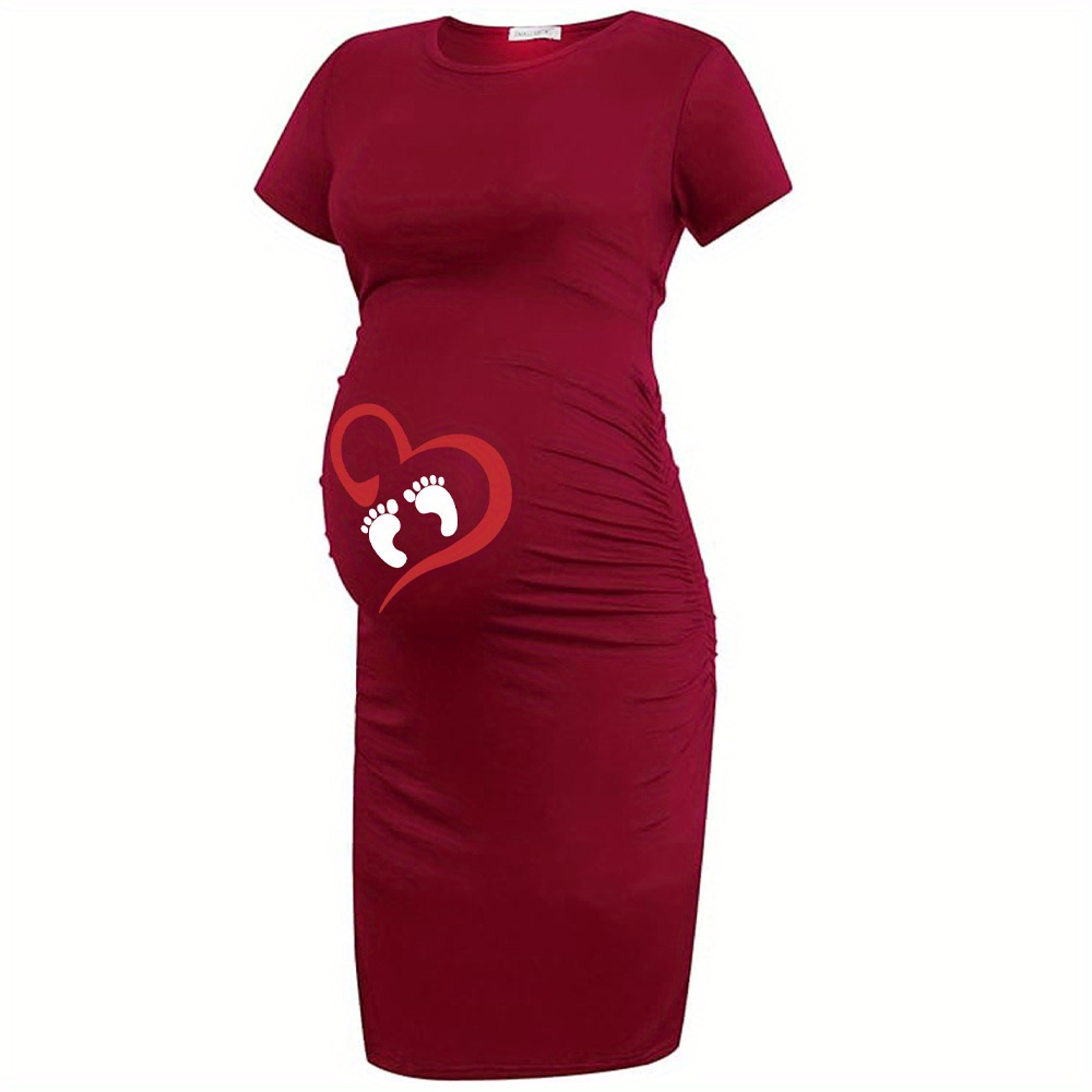 

Women's Maternity Heart & Footprint Graphic Print Dress For Summer, Pregnant Women's Clothing
