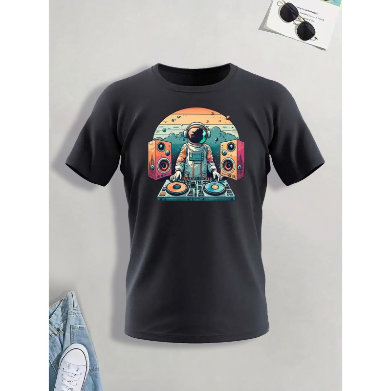 

Astronaut Deejay Print T Shirt, Tees For Men, Casual Short Sleeve T-shirt For Summer