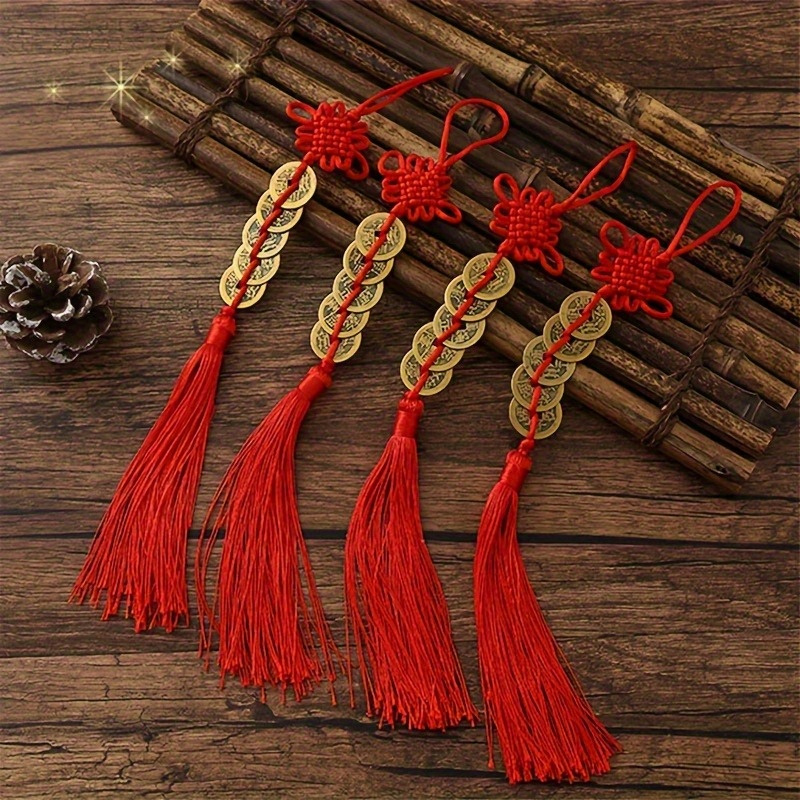 8 Pieces Chinese New Year Lucky Coins Charms Chinese Feng Shui Coins 2024  Dragon New Year Fortune Coins I-Ching Coins with Tassel Red Chinese Knot  for