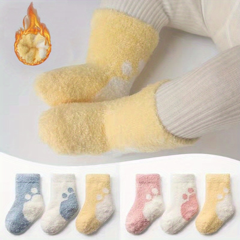 

3pcs Baby Boy's Winter Solid Color Plush Sleep Socks Thickened Warm Home Floor Socks