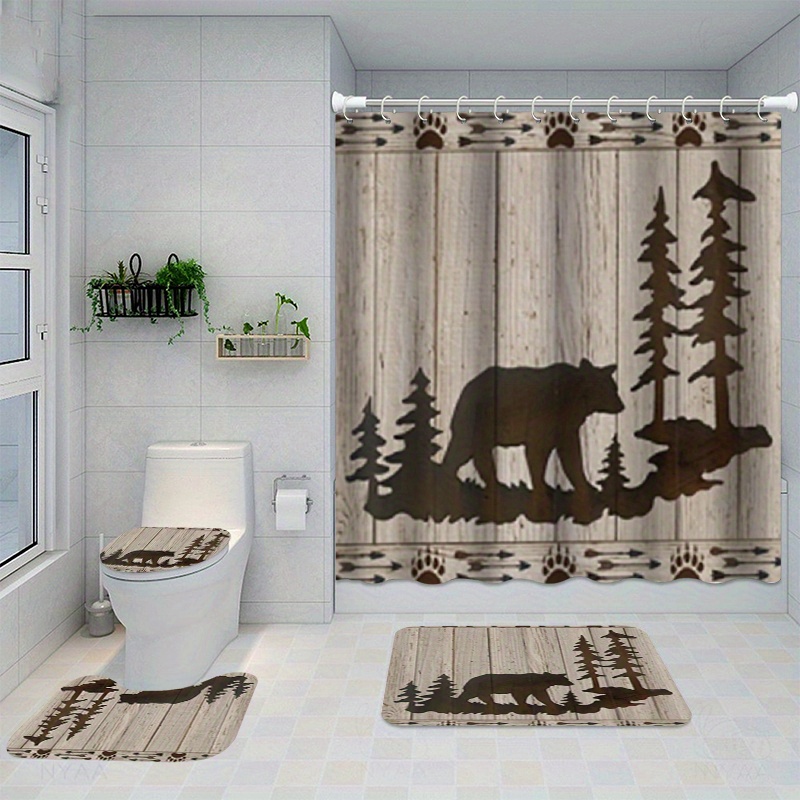 

1/4pcs & Trees Pattern Shower Set, Shower With 12 Hooks, Non-slip Bath Mat, U-shaped Toilet Mat, Toilet Mat, Bathroom Decor Accessories