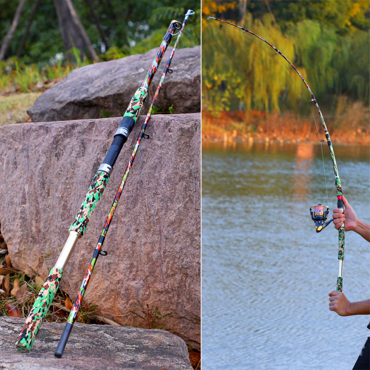 Sougayilang 1pc Strong Durable Carbon Fiber Fishing Rod, 165cm/5.41ft 2  Sections Camouflage Fishing Pole, Suitable For Surfing Offshore Fishing