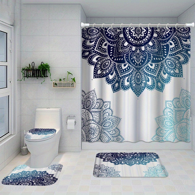 

1/4pcs Mandala Pattern Shower Curtain Set, Shower Curtain With 12 Hooks, Non-slip Bath Mat, U-shaped Toilet Mat, Toilet Mat, Bathroom Decor Accessories