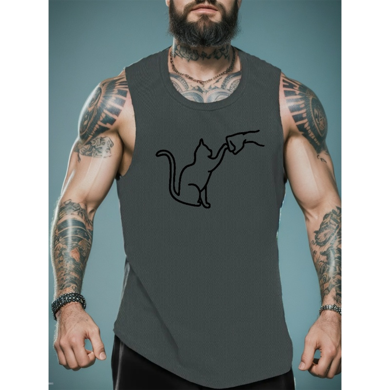 

Creative Cat And Fist Print Men's Shirts, Casual Breathable Comfy Sleeveless Tank Tops, Quick Drying Sports Vest, Men's Summer Clothes Outfits, Men's Undershirts Tops