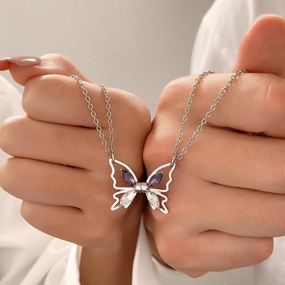 2PCS/set Rhinestone Heart Shaped Butterfly Magnet Pendant Necklace, Couple  Friendship Jewelry Gifts