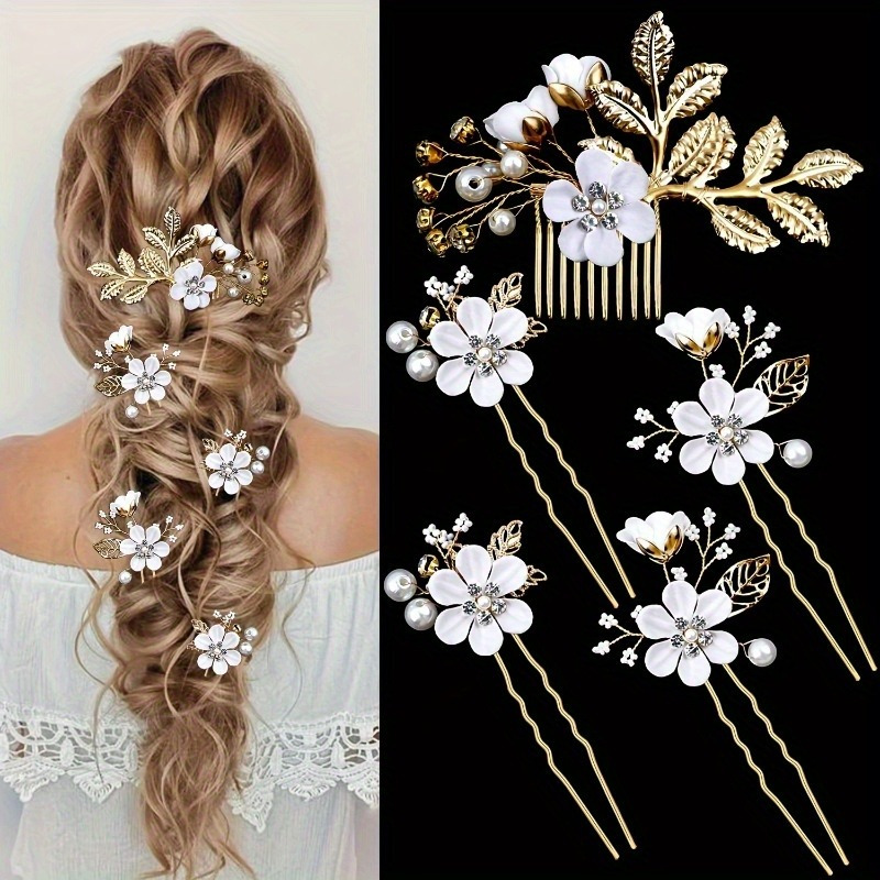 SWEETV Accesorios para el cabello de niña de las flores, tocados de boda,  diadema de hojas y flores, piezas de pelo de perlas de cristal de princesa