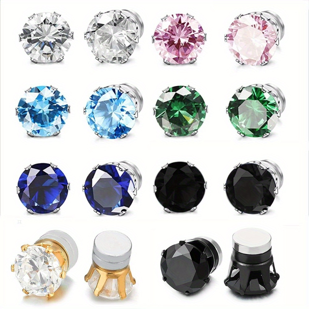 

2pcs/pair Magnetic Ear Studs, 6 Claw Cubic Zirconia Clip Earrings, Punk Round Magnetic Earrings, Non Piercing Jewelry