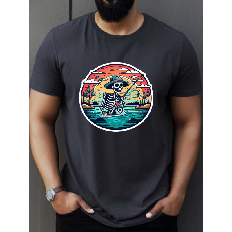 

Skeleton Fishing Print T Shirt, Tees For Men, Casual Short Sleeve T-shirt For Summer