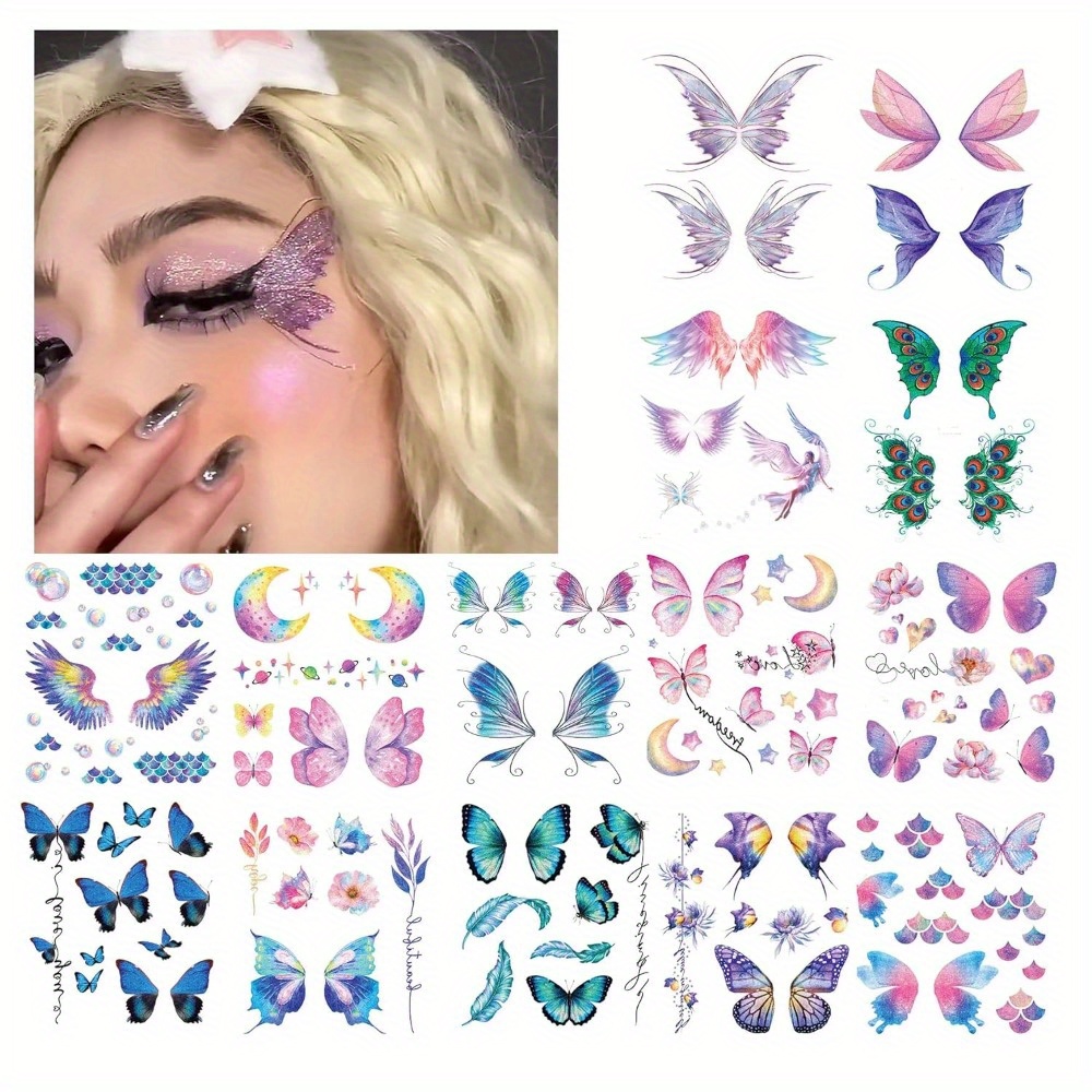 Image of 14 Sheets Waterproof Temporary Glitter Tattoos Suitable For Women & Girls - Shiny Stickers With Wings For Face, Body, Festival Party Makeup - Application, Waterproof Flash For Photos, Fake Tattoos
